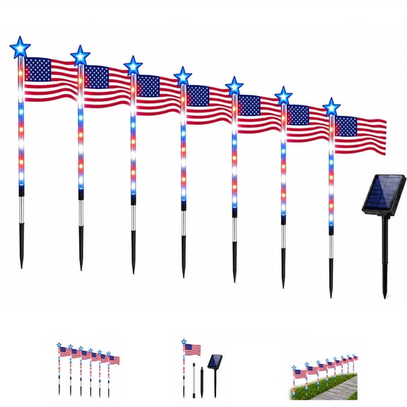 8-Piece Solar American Flag Pathway Lights, LED Star Stake Solar Path Lights with 8 Lighting Modes for Independence Day Garden, Yard & Walkway Decorations