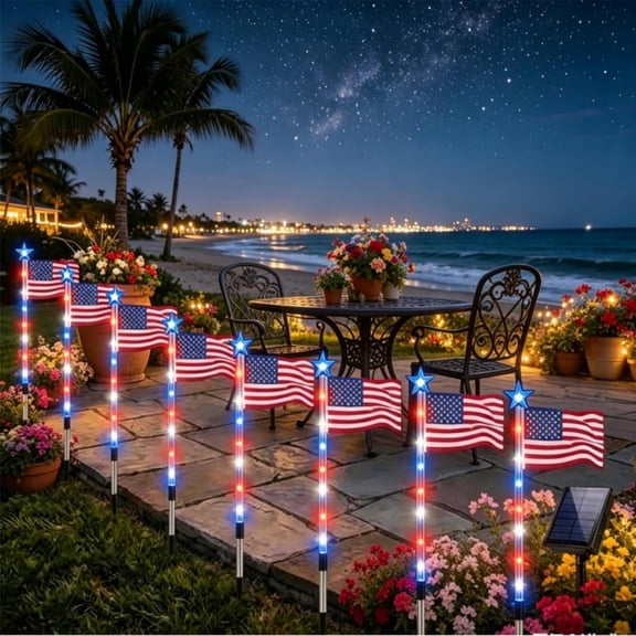8-Piece Solar Flag Light Set, Solar American Flag Pathway Lights with 8 Modes -LED Star Stake,for Independence Day Path, Garden, and Yard Pathway Decorations
