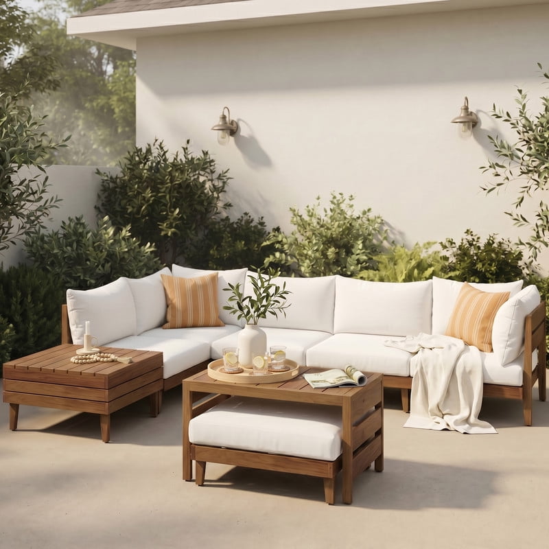 8-Piece Solid Acacia Wood Outdoor Sofa Sectional Set for 6, Patio Modular Chat Set with Coffee Table, Storage Tea Table & Cushions