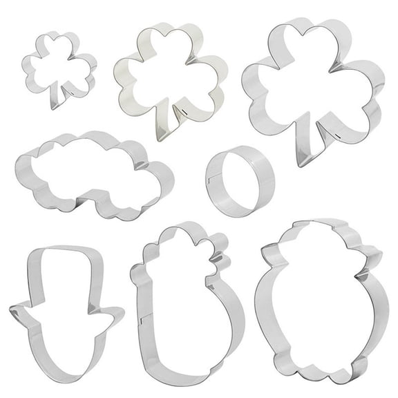 8 Piece St Patricks Day Cookie Cutters Set Shamrock Rainbow Beer Mug Hat Leprechaun Pot of Gold Stainless Steel Biscuit Molds
