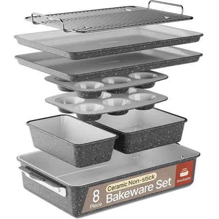 8-Piece Stackable Bakeware Set - Aluminized Steel with Ceramic Non-Stick Coating, Healthy Baking, Ergonomic Handles, Cooling Rack, Non-Toxic, Oven-Safe, Durable Quality