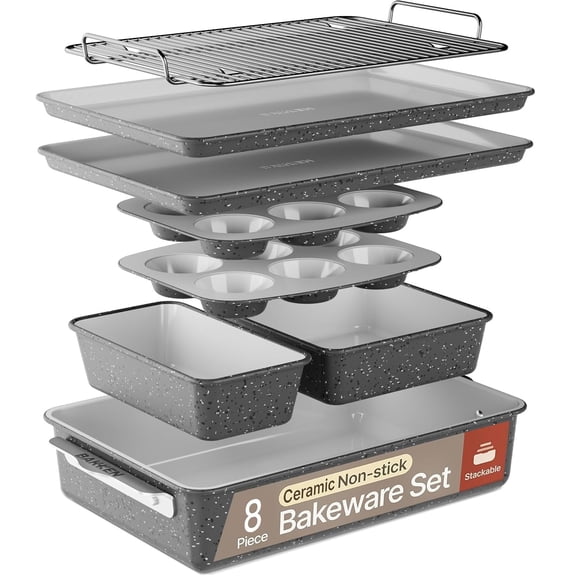 8-Piece Stackable Bakeware Set - Aluminized Steel with Ceramic Non-Stick Coating, Healthy Baking, Ergonomic Handles, Cooling Rack, Non-Toxic, Oven-Safe, Durable Quality