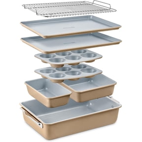 8-Piece Stackable Bakeware Set - Aluminized Steel with Ceramic Non-Stick Coating, Healthy Baking, Ergonomic Handles, Cooling Rack, Non-Toxic, Oven-Safe, Durable Quality