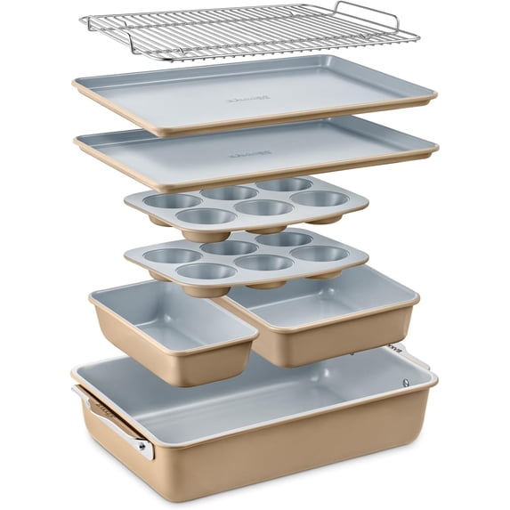 8-Piece Stackable Bakeware Set - Aluminized Steel with Ceramic Non-Stick Coating, Healthy Baking, Ergonomic Handles, Cooling Rack, Non-Toxic, Oven-Safe, Durable Quality