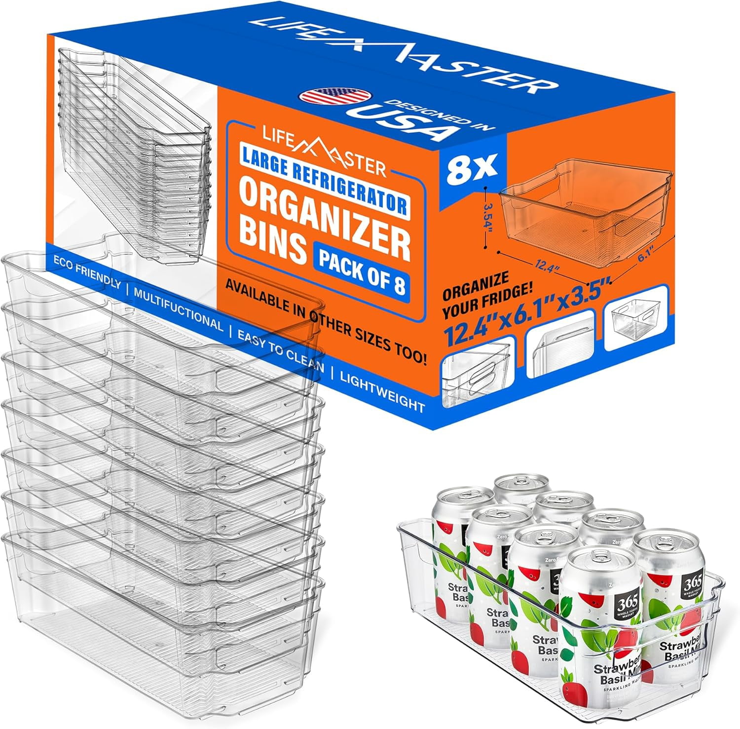 8-Piece Stackable Refrigerator Bin Organizer Set with Easy Grip Handles - Clear Multi-Purpose Storage Bins for Fridge and Pantry Use