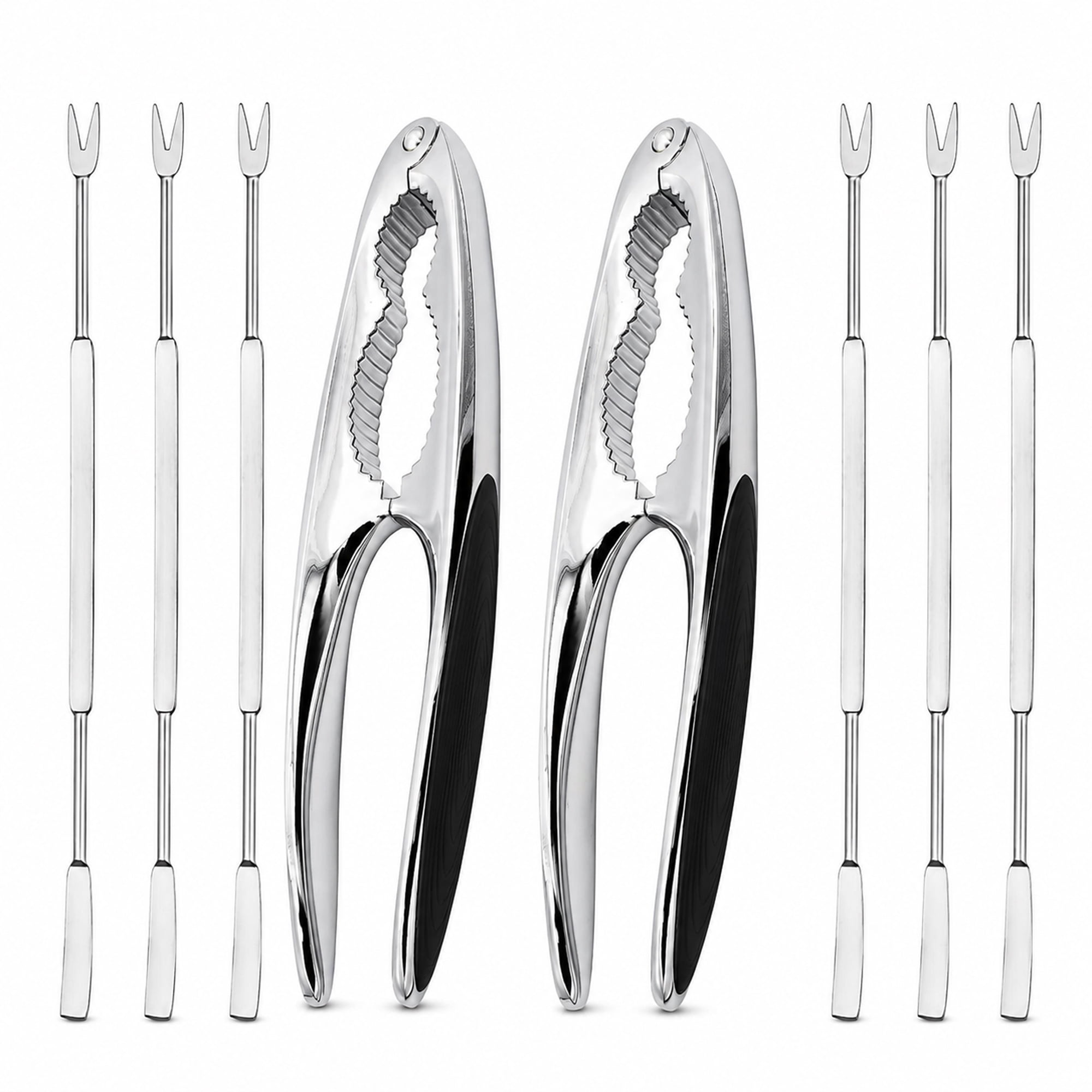 8-Piece Stainless Steel Crab and Lobster Cracker Set, 2 Non-Slip Seafood Crackers and 6 Dual-Ended Picks and Forks, Shellfish Tool Set for Crab Legs, Lobster and Nuts