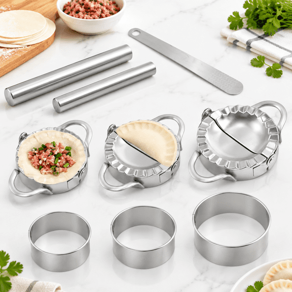 8 Piece Stainless Steel Dumpling Maker Set with 3 Sizes for Pastries and Empanadas