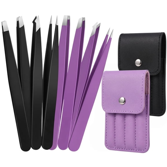 8-Piece Stainless Steel Eyebrow Tweezers Set, Black and Purple, 2 Precision Tweezer Kits with Travel Cases for Facial Hair, Ingrown Hair and Splinter Removal