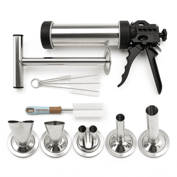 8-Piece Stainless Steel Jerky Gun Kit, Manual Sausage Stuffer with 5 Nozzles and Meat Pusher for Ground Beef
