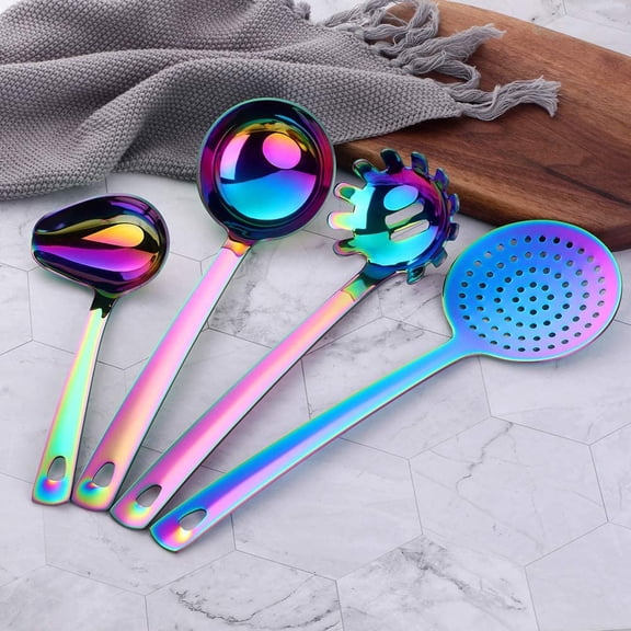 8-Piece Stainless Steel Kitchen Utensil Set - Colorful Plated Cooking Tools with Ergonomic Handles for Home Chef
