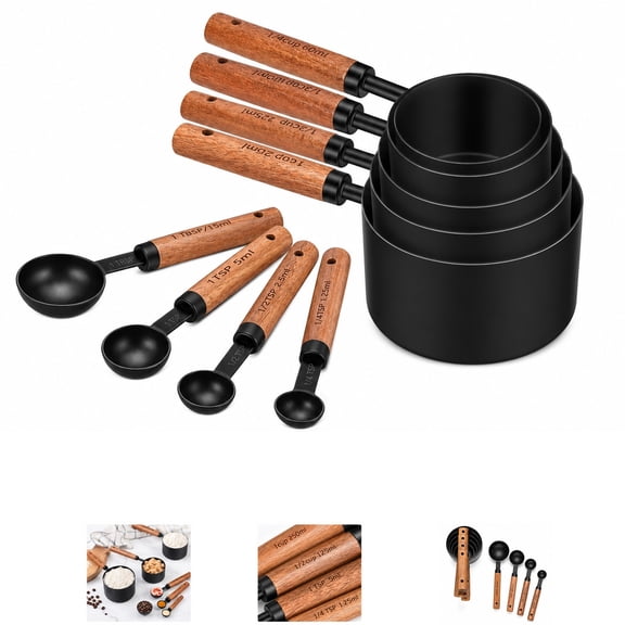 8-Piece Stainless Steel Measuring Cups and Spoons Set with Wooden Handles, Stackable Rustic Farmhouse Kitchen Baking Tools, Dishwasher Safe Measuring Gadgets for Cooking and Baking