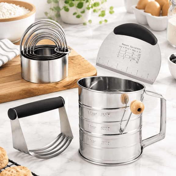 8 Piece Stainless Steel Professional Baking Tool Set With Flour Sifter, Dough Blender