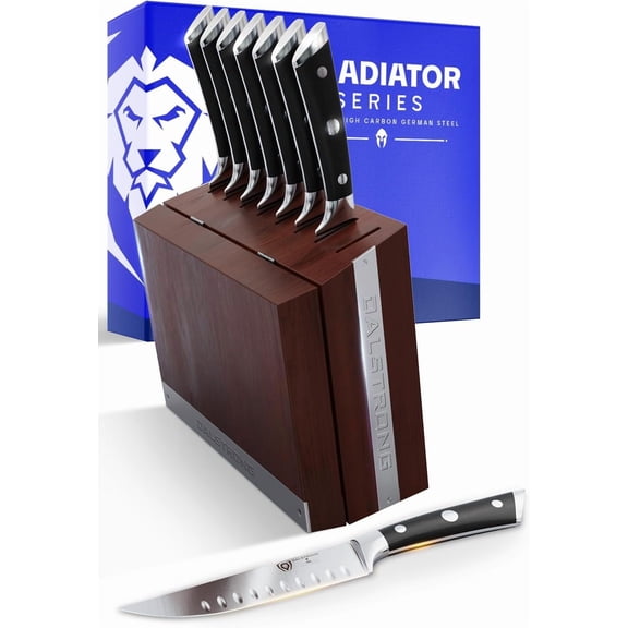 8 Piece Steak Knife Set - 5 inch Straight Edge Blade - Forged High-Carbon German Steel Dinner Kitchen Knife - Black G10 Handle - Folding Block Set - NSF Certified