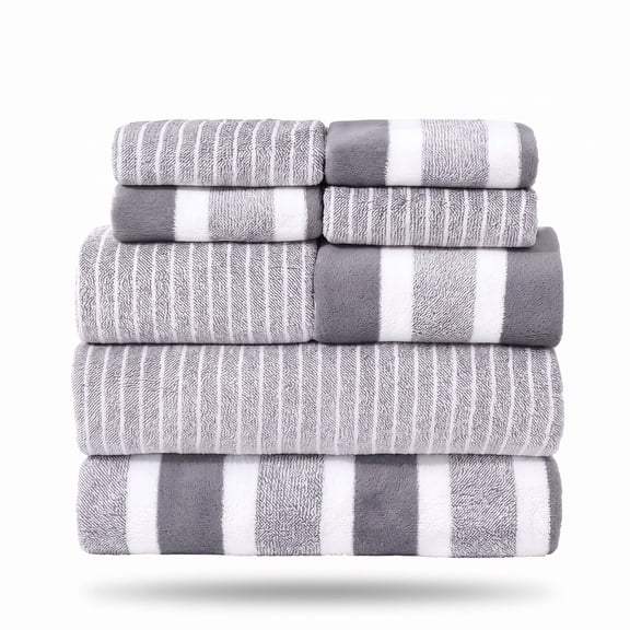 8-Piece Striped Coral Velvet Towel Set, 4 Wash Cloths, 2 Hand Towels, 2 Bath Towels, Thick Absorbent Quick-Dry Towels for Home, Hotel & Travel
