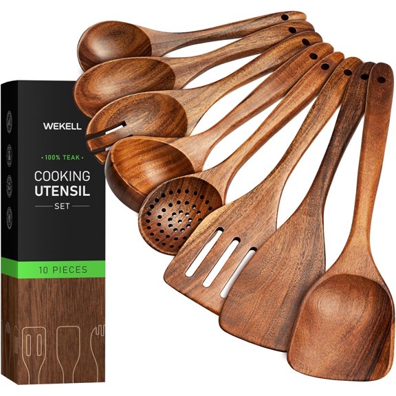 8-Piece Teak Wooden Utensil Set with Hanging Holes