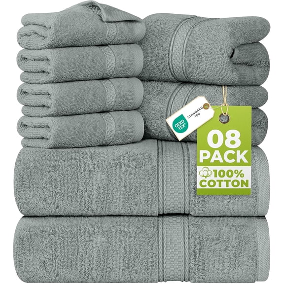 8 Piece Towel Set in Cool Grey 2 Bath Towels 27 x 54 in, 2 Hand Towels 16 x 28 in, 4 Washcloths 12 x 12 in, 100% Ring Spun Cotton