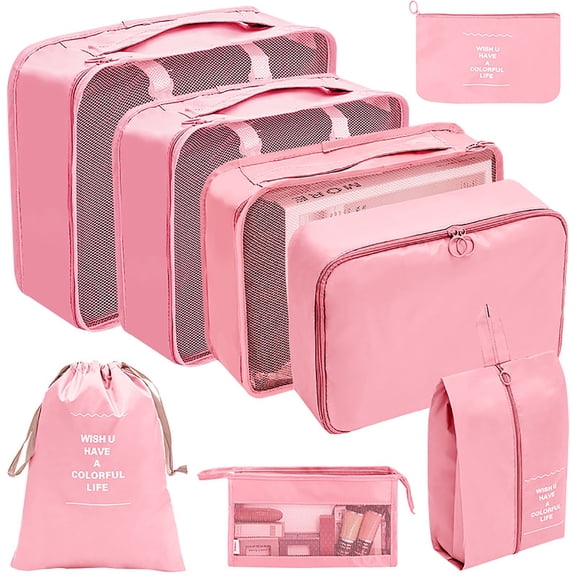 8-Piece Travel Luggage Packing Cubes Set, Lightweight Foldable Suitcase Organizer Bags for Clothes, Shoes, and Toiletries, Travel Accessory Kit Pink