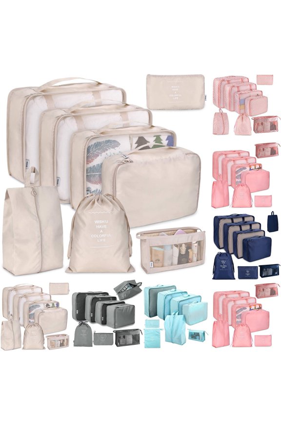 8-Piece Travel Packing Cubes Set, Foldable Luggage Organizer Bags for Suitcases, Lightweight Clothing Compression Pouches with Shoe Bag & Toiletries Case