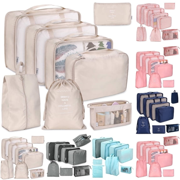 8-Piece Travel Packing Cubes Set Foldable Luggage Organizer,Lightweight Nylon Storage Bags for Suitcase,Travel Essentials Clothes Shoes Toiletry Packing Beige