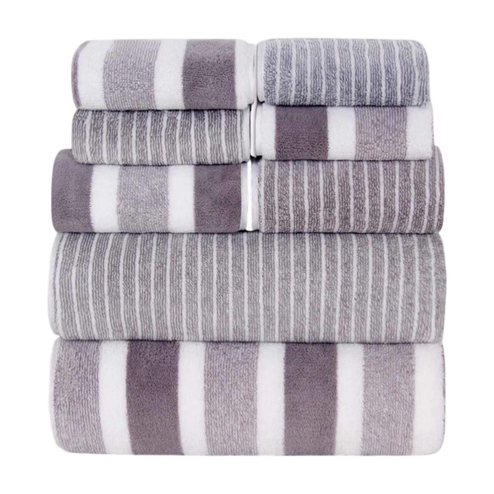 8-Piece Velvet Wide Stripe Bath Towel Set, Super Soft & Absorbent Towels, Washcloths & Bath Sheets for Spa, Home & Guest Use, Gray