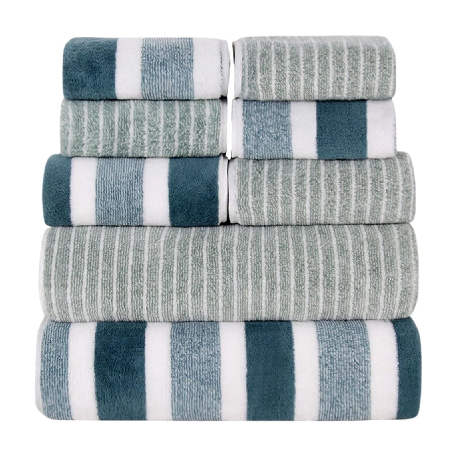 8-Piece Velvet Wide Stripe Bath Towel Set, Super Soft & Absorbent Towels, Washcloths & Bath Sheets for Spa, Home & Guest Use, Green
