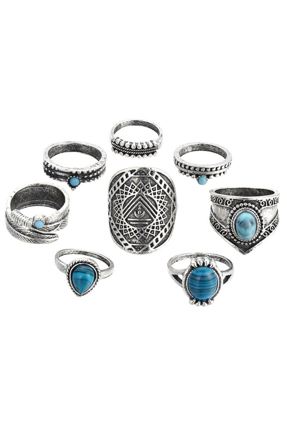 8 Piece Vintage Ring Set Gemstone Boho Finger Rings Women's Middle Finger Rings Openwork Engraved Rings Rhinestone Rings