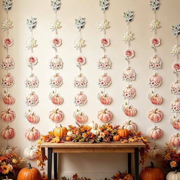 8-Piece Watercolor Pumpkin Sewing Hanging Garland – Paper Wall Ceiling Decor Streamer, Blue & Pink Fall Theme, for Thanksgiving, Boho & Party Backdrop