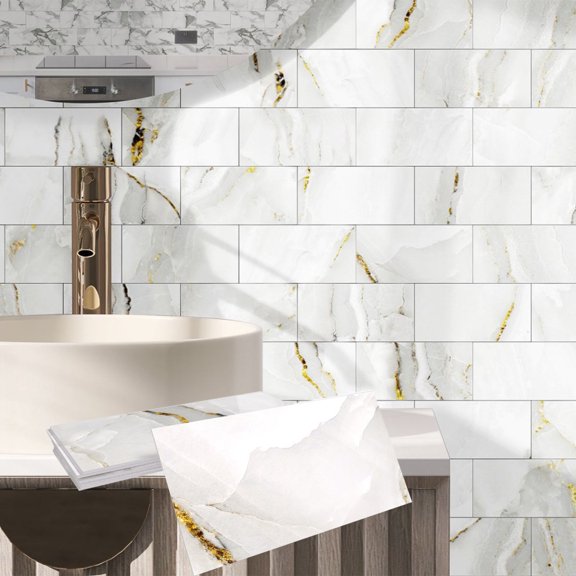 8 Piece Waterproof Peel and Stick Tiles Wall Stickers 8" x 4" Gray Gold Marbling PVC Decals Kitchen Backsplash DIY Decor