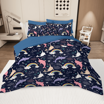 8-Piece Whale and Narwhal Bedding Set with Comforter, Pillow, Sheets, Pillowcases, and Cover