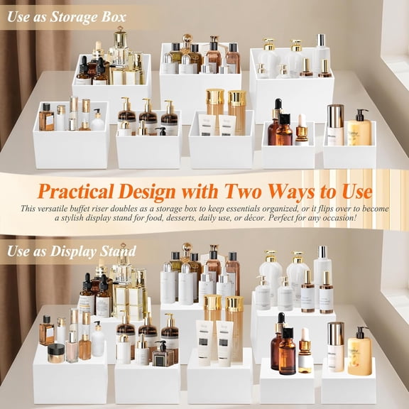 8 Piece White Acrylic Buffet Risers Set with Mini Table Sign and Serving Tongs, Food Display Stands for Buffet Table, Dessert Table, Party Catering, Jewelry and Collectibles Display