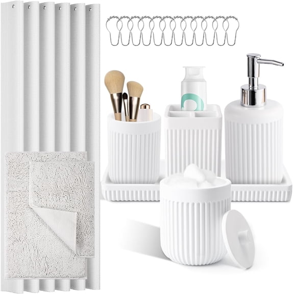8-Piece White Bathroom Set - Resin Bathroom Accessories Sets Complete with Shower Curtain and Rugs, Soap Dispenser, Toothbrush Holder, Cup, Tray & Cotton Swab Jars