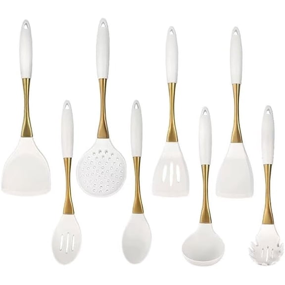 8-Piece White Kitchen Utensil Set with Gold Handles, Stainless Steel Cooking Tools, Includes Spatulas, Ladle, Spoons for Nonstick Cookware (Gold and White)