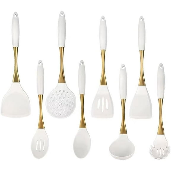 8-Piece White Kitchen Utensil Set with Gold Handles, Stainless Steel Cooking Tools, Includes Spatulas, Ladle, Spoons for Nonstick Cookware (Gold and White)