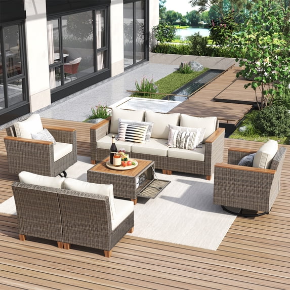 8-Piece Wicker Outdoor Patio Furniture Set with Thick Cushion & 2 Patio Swivel Rocking Chairs, All-Weather Wicker Conversation Sectional Chair Sofa Set with A-cacia Storage Table, Beige+Brown