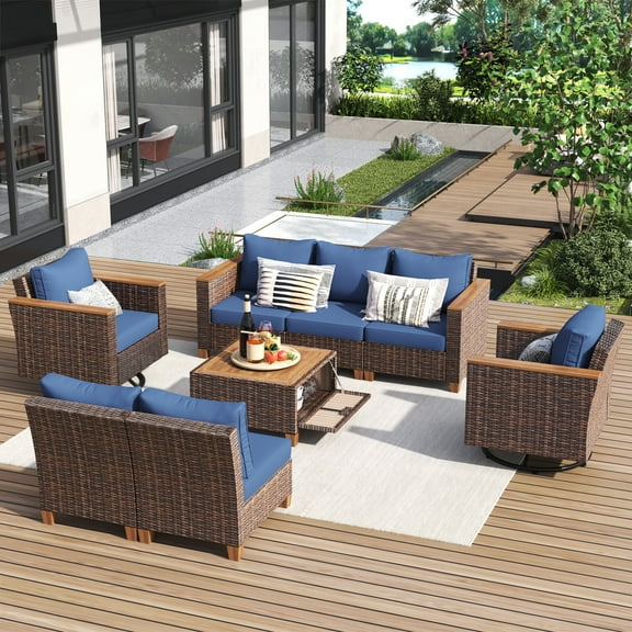 8-Piece Wicker Outdoor Patio Furniture Set with Thick Cushion & 2 Patio Swivel Rocking Chairs, All-Weather Wicker Conversation Sectional Chair Sofa Set with A-cacia Storage Table, Blue+Brown