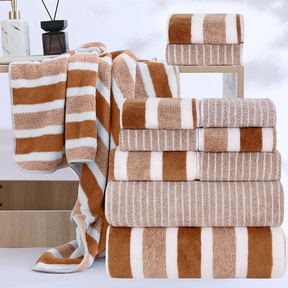 8 Piece Wide Striped Towel Set, Soft Coral Fleece Washcloths, Absorbent Face and Bath Towel Bundle, Multi-size Household Essentials