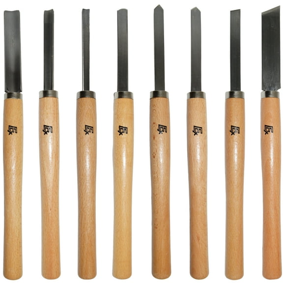 8 Piece Wood Chisel Woodworking Lathe Hand Tool Set - Includes Gouges, Skews, Round Nose, Spearpoint, and Parting Chisels