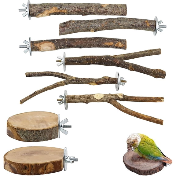 8-Piece Wooden Bird Perch Set for Cages, Includes 3 Multi-Branch Perches, 3 Sturdy Wooden Perches, 2 Round Wooden Platform Stands, Durable & Safe for Small Birds, Ideal for Resting & Playing