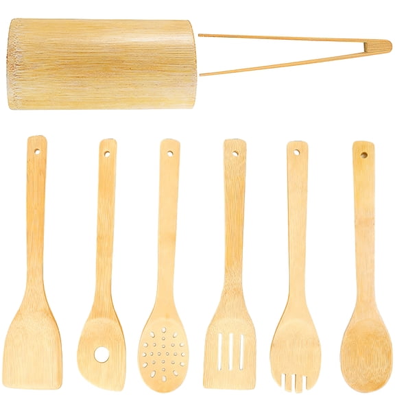 8 Piece Wooden Kitchen Utensils Set, Cooking Spatulas and Food Tongs Included, Natural Wood Spoons with Holder, Heat Resistant, Simple Wash, 11.8 Inch Length