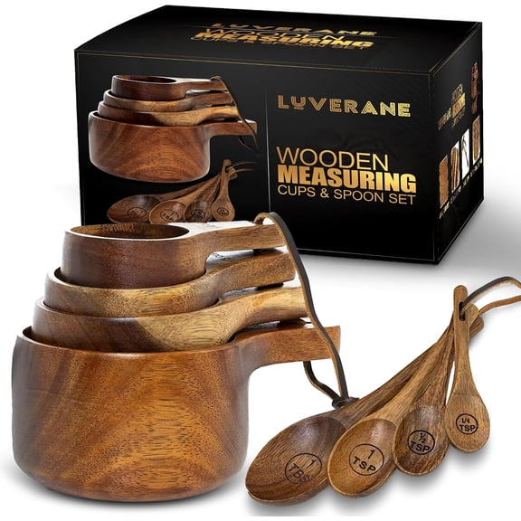 8 Piece Wooden Measuring Cups and Spoons set - Solid Acacia Wood with Engraved Measurements, Stackable Kitchen Utensils for Precise Cooking, Baking & Food Prep - Ideal for Bakers, Chefs & Home Cooks