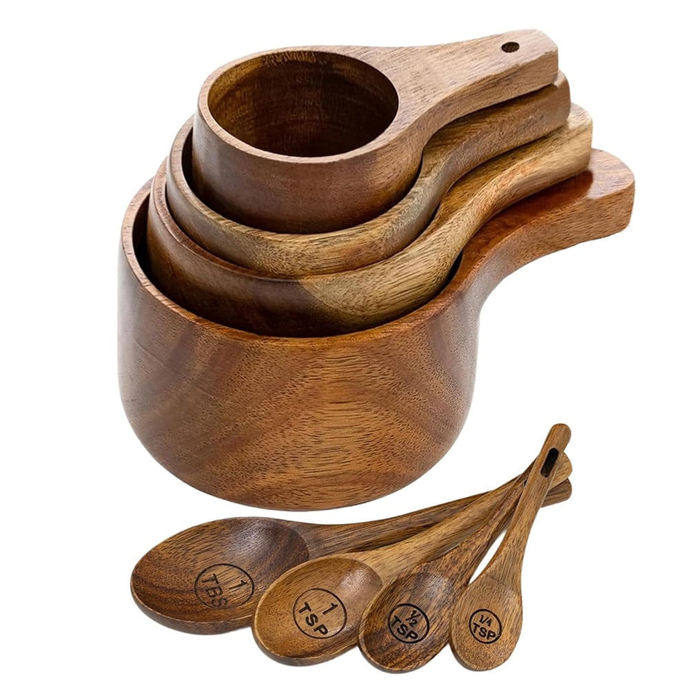8 Piece Wooden Measuring Cups and Spoons Set for Baking & Cooking - Ideal Bakers, Home Cook