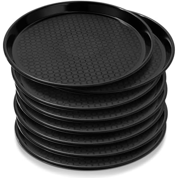 8 Pieces 11 Inches Black Round Restaurant Serving Tray, Plastic Non Slip Surface Food Meals Server Tray with Raised Edges for Home, Kitchen, Restaurant, Cafeteria, Bar$$Home Decor, Kitchen, & Other