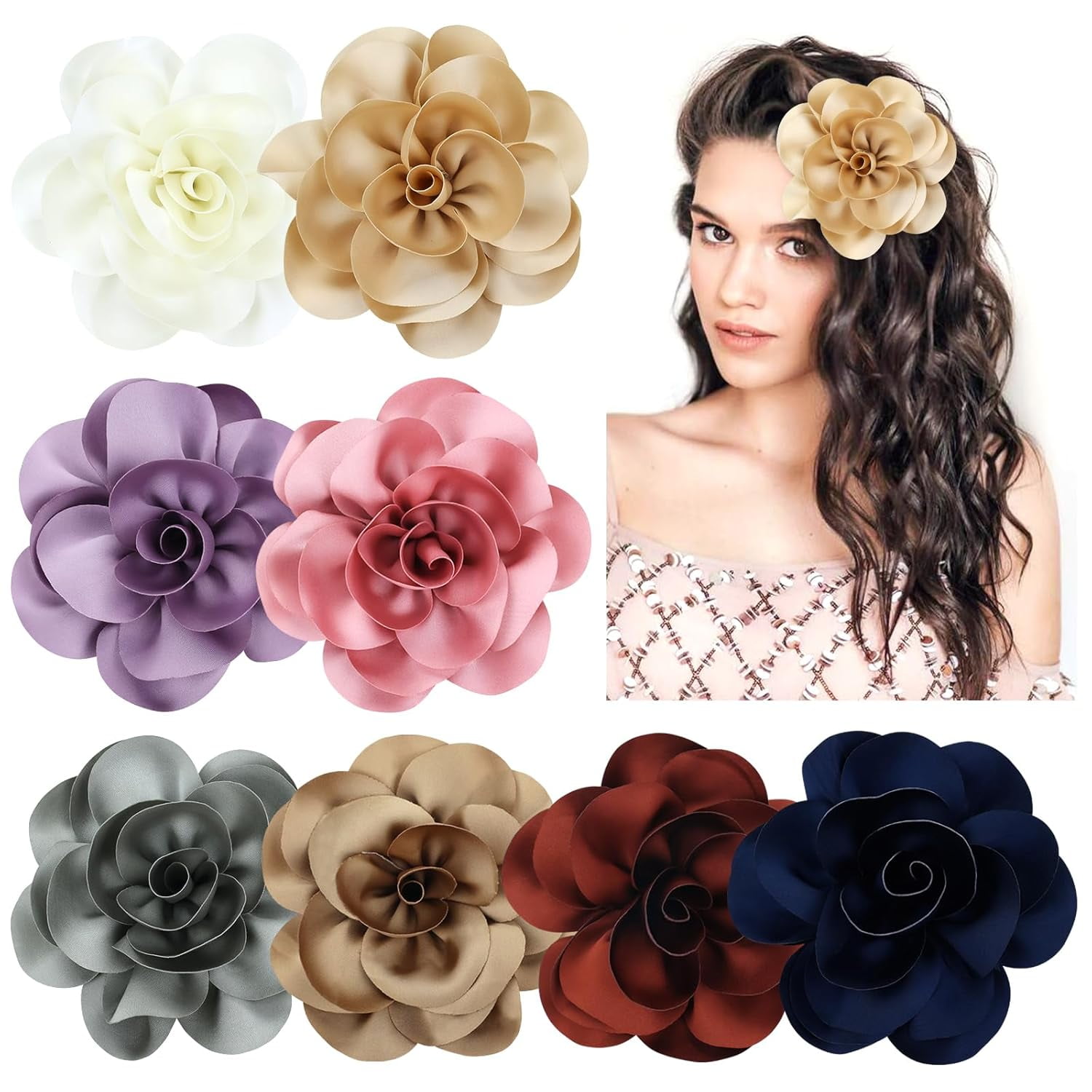TIKUAJGIFT 8 Pieces 13cm/5" Silky Satin Big Flower Brooch Pins Alligator Hair Clips Floral Hair Barrettes Accessories for Women Girls Teens