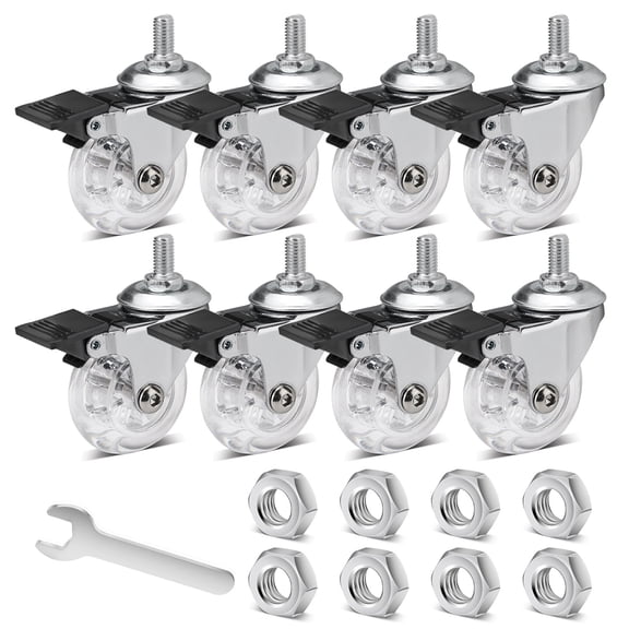 8 Pieces 2" Transparent Heavy Duty Caster Wheels with Brake, Nut, & Wrench, M8 x 0.59" Threaded Stem Casters, Dual Locking Swivel Roller Wheels for Wire Shelving Carts (Load 66 Lbs/30 kg Each)