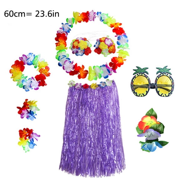 8 Pieces 23.6 Inch Hawaiian Hula Skirt Costume Set Necklace Garland Bracelet Bikini Top for Women Tropical Luau Party Decoration