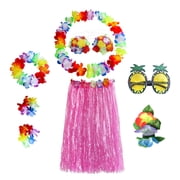 8 Pieces 23.6 Inch Hawaiian Hula Skirt Costume Set Necklace Garland Bracelet Bikini Top for Women Tropical Luau Party Decoration