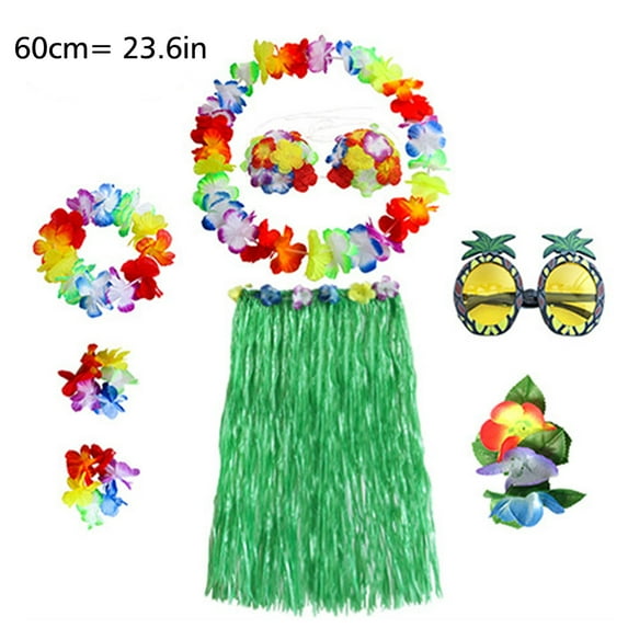8 Pieces 23.6 Inch Hawaiian Hula Skirt Costume Set Necklace Garland Bracelet Bikini Top for Women Tropical Luau Party Decoration