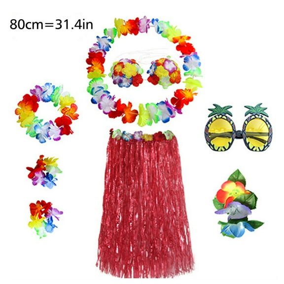 8 Pieces 31.4 Inch Hawaiian Hula Skirt Costume Set Necklace Garland Bracelet Bikini Top for Women Tropical Luau Party Decoration