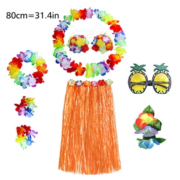 8 Pieces 31.4 Inch Hawaiian Hula Skirt Costume Set Necklace Garland Bracelet Bikini Top for Women Tropical Luau Party Decoration