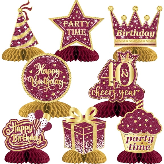 8 Pieces 40th Birthday Honeycomb Centerpieces Burgundy Gold, Happy 40th Table Decorations, Cheers to 40 Years Table Toppers for Forty Years Birthday Party Decorations Supplies Women